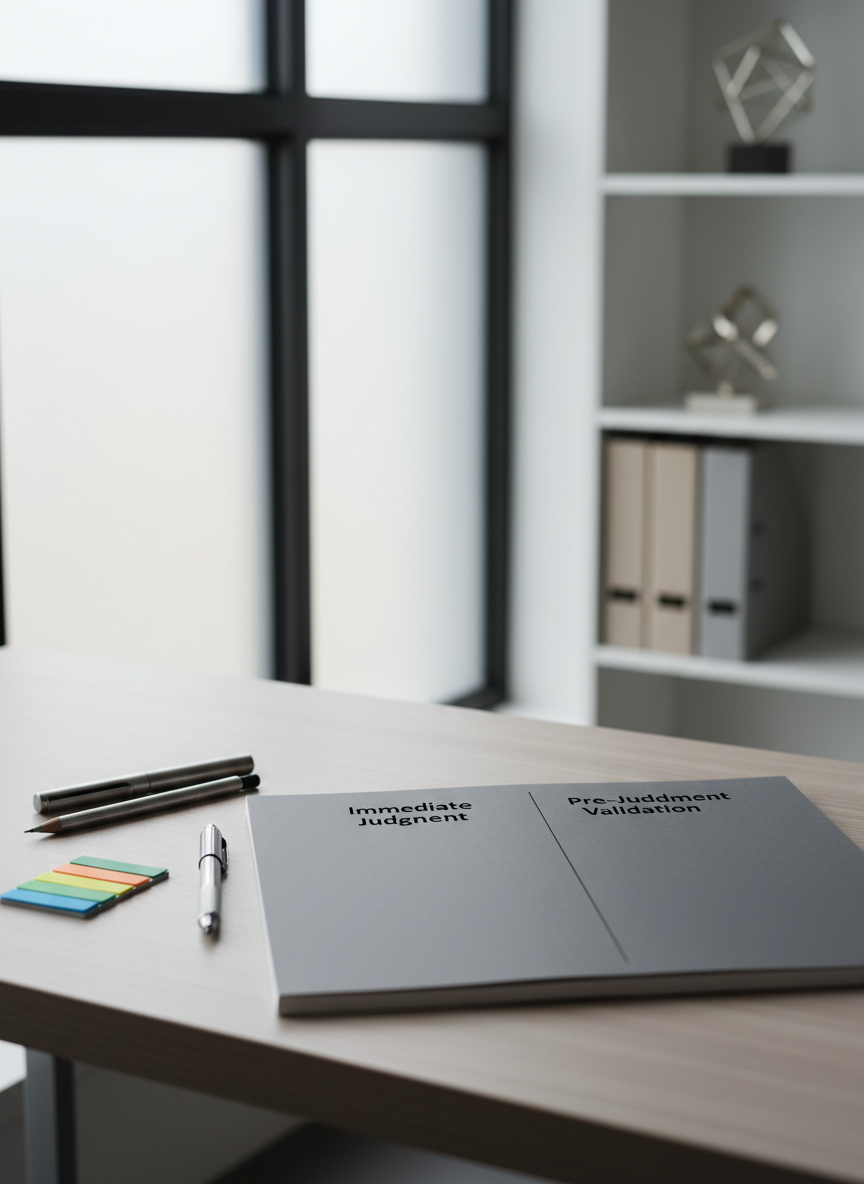 A clean, modern desk scene in photographic realism featuring a large, matte dark-gray notebook open to a blank page divided into two columns labeled in neat typography: “Immediate Judgment” and “Pre-Judgment Validation.” Around the notebook lie a precision mechanical pencil, a fine-tip black pen, and color-coded sticky tabs, all aligned with deliberate order. The desk is a light ash wood surface near a wide window, with soft overcast daylight diffused through frosted glass, casting gentle, directionless shadows. In the distant background, slightly out of focus, a minimalist bookshelf holds a few neutral-toned binders and a single geometric sculpture. Shot from a slightly elevated angle with shallow depth of field, the composition feels analytical yet calm, expressing a professional, reflective atmosphere suited to judgment theory research.