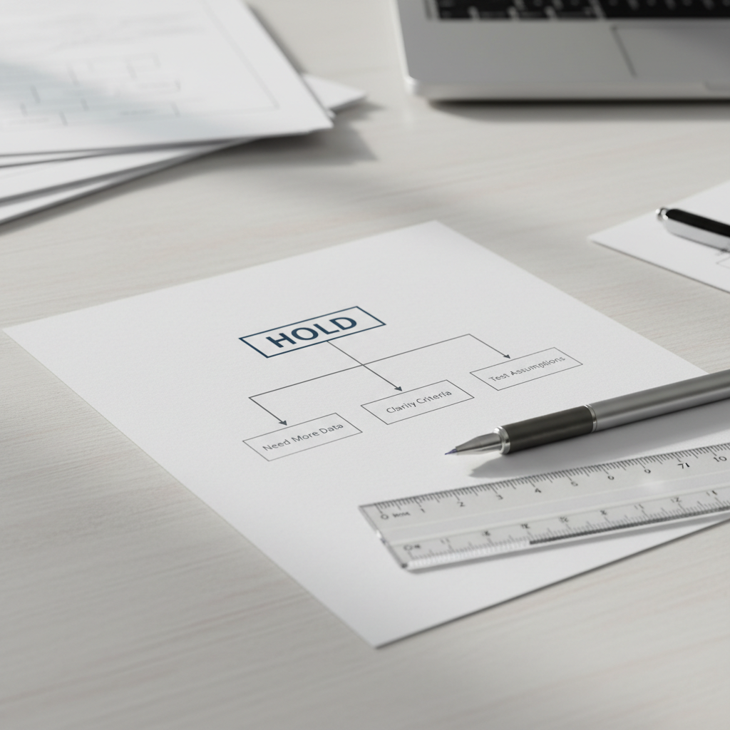 A photographic close-up of a minimalist decision tree diagram printed on heavy matte white cardstock, laid on a pale wooden table. The diagram’s main node is labeled “HOLD” in bold, dark-blue lettering, branching into pathways labeled “Need More Data,” “Clarify Criteria,” and “Test Assumptions.” Slim, transparent acrylic rulers and a fine technical pen rest diagonally on the card, implying ongoing analysis. Soft, directional morning light enters from the left, forming gentle gradients and subtle shadows along the card’s edges. The background falls into a smooth bokeh of other stacked diagrams and a closed laptop, suggesting a research environment. Shot from a slightly elevated, three-quarter angle with a balanced rule-of-thirds composition, the mood is disciplined yet open-minded, embodying the practice of judgment suspension.