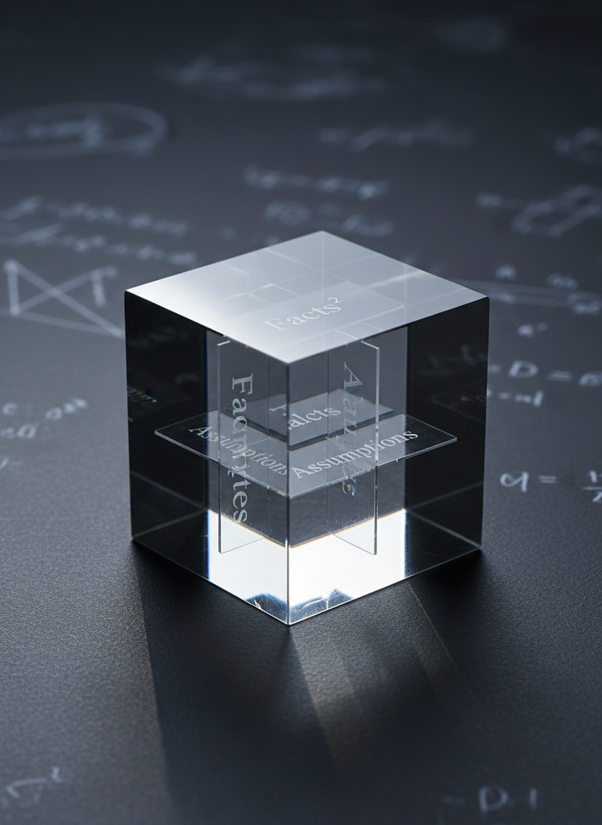 A high-resolution photographic image of a transparent acrylic cube resting on a smooth, charcoal-gray surface, with three thin, intersecting laser-etched planes inside the cube labeled “Facts,” “Assumptions,” and “Values” in discreet, elegant typography. The cube sits in a controlled studio setting, illuminated by cool, directional side lighting that creates crisp reflections on its edges and subtle refractions on the surface beneath. Around the cube, faint, out-of-focus mathematical symbols and logical diagrams are chalked on a dark slate background. The shot is composed at eye level with centered framing, emphasizing clarity and structure. The mood is precise, clinical, and intellectually focused, representing the decomposition of judgment into its component conditions in a clean, modern, professional aesthetic.